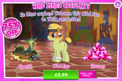 Size: 1957x1300 | Tagged: safe, imported from derpibooru, cipactli, pony, unicorn, advertisement, bush, clothes, costs real money, costume, ear piercing, earring, english, face paint, gameloft, gem, headband, horn, jewelry, male, mobile game, mud, my little pony: magic princess, numbers, official, piercing, sale, solo, stallion, text, unnamed character, unnamed pony