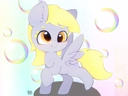 Size: 4000x3000 | Tagged: safe, artist:zokkili, imported from derpibooru, derpy hooves, pegasus, pony, bubble, cute, derpabetes, female, filly, filly derpy, foal, high res, looking at you, raised hoof, raised leg, signature, smiling, smiling at you, solo, spread wings, wings, younger