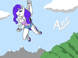 Size: 1032x774 | Tagged: safe, artist:nomoreafailure, imported from derpibooru, rarity, alicorn, anthro, alicornified, clenched fist, clothes, flying, grin, hot pants, mountain, mountain range, race swap, raricorn, sky, smiling