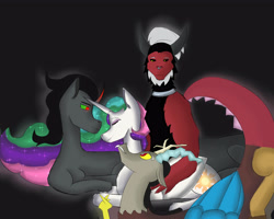 Size: 5000x4000 | Tagged: safe, artist:sh4deshad0w41, imported from derpibooru, discord, king sombra, lord tirek, princess celestia, alicorn, centaur, draconequus, taur, unicorn, black background, celestia gets all the stallions, celestia gets all the villains, celestibra, celestirek, curved horn, dislestia, eyes closed, female, foursome, glowing, group sex, horn, horns are touching, hug, looking at someone, male, male and female, ship, shipping, simple background, smiley face, smiling, smirk, somblestirecord, straight, touching hooves, villains of equestria