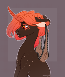 Size: 3011x3564 | Tagged: safe, artist:dreamyrat, imported from derpibooru, oc, oc only, pony, unicorn, commission, ear piercing, horn, looking down, nose piercing, open mouth, piercing, red eyes, red mane, simple background, solo, unicorn oc