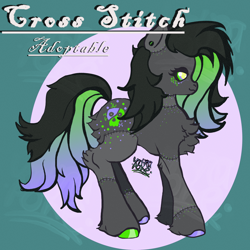 Size: 1500x1500 | Tagged: safe, artist:umbrapone, imported from derpibooru, oc, oc:cross stitch, earth pony, pony, undead, adoptable, chest fluff, glowing, glowing eyes, goth, gradient mane, gradient tail, green eyes, hooves, leg fluff, multicolored hair, multicolored hooves, multicolored mane, multicolored tail, neon, skull, stitches, tail, unshorn fetlocks