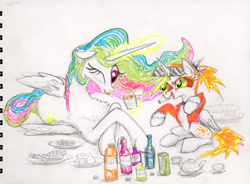 Size: 4000x2950 | Tagged: safe, artist:ja0822ck, imported from derpibooru, princess celestia, oc, oc:dyx, alicorn, pony, bottle, cake, food, molotov cocktail, simple background, smoking, teapot, traditional art