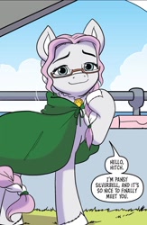 Size: 750x1153 | Tagged: safe, artist:amymebberson, idw, imported from derpibooru, earth pony, pony, spoiler:comic, spoiler:g5, spoiler:g5comic, spoiler:g5comic12, cloak, clothes, comic, dialogue, female, g5, glasses, mare, pansy silverbell, solo, speech bubble, unshorn fetlocks