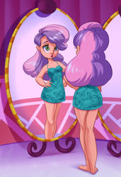 Size: 1326x1944 | Tagged: safe, artist:kittytitikitty, imported from derpibooru, sweetie belle, human, bare shoulders, barefoot, clothes, dress, feet, female, hand on hip, humanized, mirror, older, older sweetie belle, sleeveless