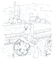 Size: 1665x1809 | Tagged: safe, artist:parclytaxel, imported from derpibooru, oc, oc only, oc:parcly taxel, alicorn, pony, ain't never had friends like us, albumin flask, alicorn oc, bridge, butt, commerzbank tower, eisener steg, female, frankfurt, germany, horn, leaning, lineart, lock, love lock, main (river), mare, monochrome, padlock, parcly taxel in europe, pencil drawing, plot, river, skyscraper, solo, story included, traditional art, water, wings