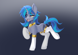 Size: 3508x2480 | Tagged: safe, artist:暮光闪闪穿那啥给我看, imported from derpibooru, oc, oc only, oc:cork, pony, unicorn, blue mane, blue tail, clothes, cute, egyptian, eyebrows, eyebrows visible through hair, face paint, female, gold jewelry, gradient background, horn, long mane, looking at you, mare, one eye closed, raised hoof, solo, standing on two hooves, stockings, tail, thigh highs, two toned mane, two toned tail, unicorn oc, white stockings, wink, winking at you