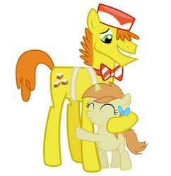 Size: 800x828 | Tagged: safe, artist:ridingonrainbows, imported from derpibooru, carrot cake, pumpkin cake, earth pony, unicorn, 2018, ^^, apron, blank flank, bow, bowtie, clothes, duo, duo male and female, eyes closed, father and child, father and daughter, female, hair bow, hat, hug, male, older, older pumpkin cake, simple background, transparent background