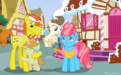 Size: 1024x641 | Tagged: safe, artist:littlebasemaker, artist:ridingonrainbows, artist:zacatron94, imported from derpibooru, carrot cake, cup cake, pound cake, pumpkin cake, earth pony, pegasus, unicorn, apron, bow, bowtie, cake family, clothes, colt, ear piercing, earring, female, filly, flying, foal, freckles, hair bow, hat, hug, jewelry, male, mare, older, older pound cake, older pumpkin cake, piercing, signature, stallion, sugarcube corner