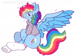 Size: 2048x1530 | Tagged: safe, artist:spookyfoxinc, imported from derpibooru, rainbow dash, pegasus, pony, :p, blue wings, clothes, fluffy hair, g4, hoodie, raised hoof, simple background, socks, solo, spread wings, tongue out, white background, wings