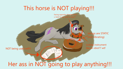 Size: 3840x2160 | Tagged: safe, artist:felfox, imported from derpibooru, octavia melody, earth pony, pony, cello, female, grammar error, horses doing horse things, lying down, mare, musical instrument, paper, simple background, solo, text, vulgar, white background