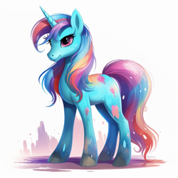 Size: 1024x1024 | Tagged: safe, imported from derpibooru, oc, oc only, unnamed oc, pony, unicorn, ai content, ai generated, generator:midjourney, happy, not rainbow dash, paint, paint splatter, shading, simple background, smiling, solo, white background