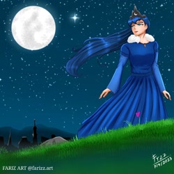 Size: 1024x1024 | Tagged: safe, artist:lencai123, imported from derpibooru, princess luna, human, female, grass, humanized, moon, night, outdoors, solo