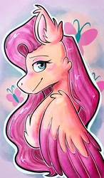 Size: 1200x2048 | Tagged: safe, artist:dragonspagoot, imported from derpibooru, fluttershy, pegasus, pony, aside glance, bust, chest fluff, colored wings, cutie mark background, ear fluff, female, looking at you, mare, outline, profile, smiling, solo, two toned wings, white outline, wings