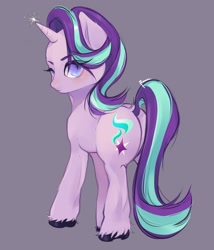 Size: 2400x2800 | Tagged: safe, artist:overdos27602943, imported from derpibooru, starlight glimmer, pony, unicorn, butt, female, glimmer glutes, gray background, high res, horn, looking at you, looking back, looking back at you, mare, plot, simple background, solo, unshorn fetlocks