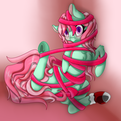 Size: 5000x5000 | Tagged: artist needed, source needed, safe, imported from derpibooru, minty, pony, g3, gradient background, ribbon, solo, tangled up