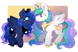 Size: 3000x2000 | Tagged: safe, artist:caprania, imported from derpibooru, princess celestia, princess luna, alicorn, pony, gradient background, looking at each other, looking at someone, royal sisters, siblings, simple background, sisters, transparent background, unshorn fetlocks