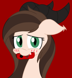 Size: 2130x2317 | Tagged: safe, artist:derpyalex2, imported from derpibooru, oc, oc only, pony, blushing, controller, digital art, horns, joycon, looking at you, nintendo, nintendo switch, red background, simple background, solo