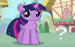 Size: 480x300 | Tagged: safe, artist:horses are fuckin weird, imported from derpibooru, screencap, twilight sparkle, pony, unicorn, frown, huh, looking at you, meme, pondering, ponyville, question mark, questioning, solo, unicorn twilight, wondering, wrong aspect ratio