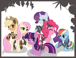 Size: 1300x1000 | Tagged: safe, artist:madokakoaki, imported from derpibooru, applejack, fluttershy, pinkie pie, rainbow dash, rarity, twilight sparkle, earth pony, pegasus, pony, unicorn, applejack's hat, cowboy hat, eyes closed, eyeshadow, female, freckles, hat, lying down, makeup, mane six, mare, open mouth, prone, sitting, tattoo, unicorn twilight