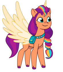 Size: 1398x1586 | Tagged: safe, artist:ben81398, imported from derpibooru, sunny starscout, alicorn, earth pony, pony, spoiler:g5, artificial horn, artificial wings, augmented, bag, female, g5, horn, magic, magic horn, magic wings, mane stripe sunny, mare, my little pony: tell your tale, race swap, saddle bag, simple background, slim, solo, spread wings, sunnycorn, thin, transparent background, unshorn fetlocks, wings