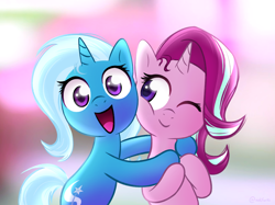 Size: 2732x2048 | Tagged: safe, artist:notfocks, imported from derpibooru, starlight glimmer, trixie, pony, unicorn, blurry background, cute, diatrixes, duo, female, glimmerbetes, happy, hug, lesbian, looking at each other, looking at someone, looking at you, one eye closed, open mouth, open smile, shading, shipping, smiling, smiling at each other, smiling at you, startrix