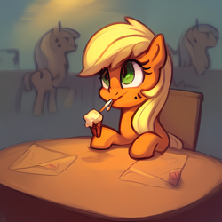 Size: 2048x2048 | Tagged: safe, editor:darkshy, imported from derpibooru, applejack, earth pony, ai content, ai generated, cafeteria, cute, food, generator:purplesmart.ai, generator:stable diffusion, ice cream, jackabetes, sitting, solo, table