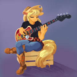 Size: 1280x1280 | Tagged: safe, artist:cidrux, imported from derpibooru, applejack, anthro, bass guitar, boots, clothes, commission, denim, eyes closed, female, guitar, hat, jeans, musical instrument, pants, shirt, shoes, sitting, solo, t-shirt