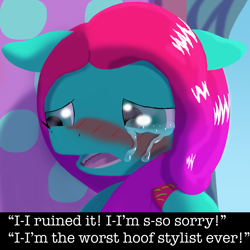 Size: 1800x1800 | Tagged: safe, artist:the crystal artist, derpibooru exclusive, imported from derpibooru, earth pony, pony, apology, blushing, bust, crying, curtains, dialogue, female, floppy ears, g5, holding mane, hoof polish, jazz hooves, lineless, mane melody (location), mare, open mouth, sad, shading, solo, sorry, text, window, wingding eyes