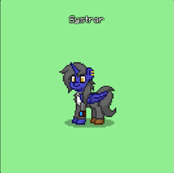 Size: 501x498 | Tagged: safe, alternate version, imported from derpibooru, oc, oc only, oc:systrar, alicorn, pony, fallout equestria, alicorn oc, artificial alicorn, clothes, ear piercing, earring, green background, horn, jewelry, piercing, pipbuck, pixel art, simple background, solo, wings