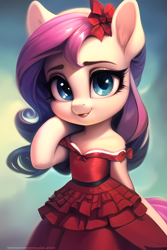 Size: 2048x3072 | Tagged: safe, imported from derpibooru, oc, oc only, earth pony, semi-anthro, adorable face, ai content, ai generated, bow, bust, clothes, cute, dress, earth pony oc, female, generator:novelai, generator:stable diffusion, hair bow, looking at you, portrait, prompter:flitter4935, smiling, smiling at you, solo