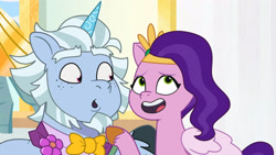 Size: 3072x1727 | Tagged: safe, imported from derpibooru, screencap, pipp petals, pegasus, pony, unicorn, spoiler:g5, spoiler:my little pony: tell your tale, spoiler:tyts01e51, :o, alphabittle blossomforth, duo, duo male and female, female, g5, male, mare, mare family mare problems, my little pony: tell your tale, open mouth, open smile, smiling, stallion