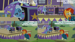 Size: 2000x1125 | Tagged: safe, edit, edited screencap, editor:quoterific, imported from derpibooru, screencap, sunburst, trixie, unicorn, uncommon bond, box, cape, clothes, female, glasses, hat, male, mare, quote, raised hoof, saw trick, stage, stallion, trixie is not amused, trixie's cape, trixie's hat, unamused