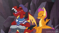 Size: 520x293 | Tagged: safe, imported from derpibooru, screencap, fluttershy, garble, smolder, dragon, sweet and smoky, animated, beatnik, bongos, brother and sister, dragoness, female, gif, male, mare, siblings, trio, wings