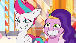 Size: 3072x1727 | Tagged: safe, imported from derpibooru, screencap, pipp petals, zipp storm, pegasus, pony, spoiler:g5, spoiler:my little pony: tell your tale, spoiler:tyts01e51, duo, duo female, female, g5, grin, mare, mare family mare problems, my little pony: tell your tale, nervous, nervous grin, nervous sweat, royal sisters (g5), siblings, sisters, smiling, sweat, sweatdrop