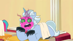 Size: 3072x1727 | Tagged: safe, imported from derpibooru, screencap, zipp storm, pegasus, pony, unicorn, spoiler:g5, spoiler:my little pony: tell your tale, spoiler:tyts01e51, alphabittle blossomforth, cucumber, female, food, g5, male, mare, mare family mare problems, mud mask, my little pony: tell your tale, offscreen character, open mouth, pain, screaming, solo focus, stallion