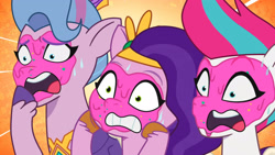 Size: 3072x1727 | Tagged: safe, imported from derpibooru, screencap, pipp petals, queen haven, zipp storm, pegasus, pony, spoiler:g5, spoiler:my little pony: tell your tale, spoiler:tyts01e51, female, g5, horrified, mare, mare family mare problems, mud mask, my little pony: tell your tale, open mouth, royal sisters (g5), shocked, siblings, sisters, sweat, sweatdrop, trio, trio female