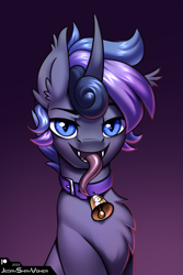Size: 2000x3000 | Tagged: safe, artist:jedayskayvoker, imported from derpibooru, oc, oc only, oc:voidmoon, hybrid, unicorn, bell, bust, chest fluff, collar, curved horn, ear fluff, fangs, fluffy, gradient background, horn, hybrid oc, icon, long tongue, looking at you, male, one ear down, patreon, patreon reward, portrait, slit pupils, solo, stallion, tongue out, unicorn oc