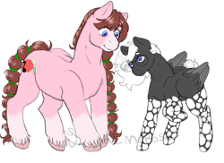 Size: 1989x1451 | Tagged: safe, artist:luna_mcboss, imported from derpibooru, oc, oc only, oc:double stuff, oc:yamire, clydesdale, earth pony, pegasus, pony, blaze (coat marking), blue eyes, brown mane, coat markings, earth pony oc, facial markings, feathered fetlocks, feathered wings, flower, folded wings, glasses, gray coat, hair tie, mottled coat, music notes, pegasus oc, pink coat, pony oc, raised leg, rose, simple background, socks (coat markings), stocking feet, tail, tail bun, white background, white mane, wings