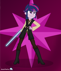 Size: 2550x3000 | Tagged: safe, artist:sarahthefox97, imported from derpibooru, twilight sparkle, human, equestria girls, alternate hairstyle, belt, boots, clothes, crossover, female, high heel boots, jedi, lightsaber, may the fourth be with you, pants, robes, shirt, shoes, solo, star wars, weapon