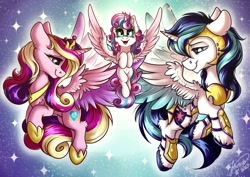 Size: 1200x849 | Tagged: safe, artist:julunis14, imported from derpibooru, princess cadance, princess flurry heart, shining armor, alicorn, pony, alicornified, armor, chest fluff, crown, ear fluff, family, father and child, father and daughter, female, filly, foal, helmet, husband and wife, jewelry, male, male alicorn, mare, mother and child, mother and daughter, parent, prince shining armor, race swap, regalia, shiningcorn, stallion, stars, unshorn fetlocks