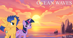 Size: 2064x1072 | Tagged: safe, artist:chainchomp2 edits, artist:estories, artist:not-yet-a-brony, edit, imported from derpibooru, flash sentry, twilight sparkle, alicorn, pegasus, 2023, beach, cloud, female, flashlight, friends, friendship, looking at each other, looking at someone, male, mare, may, movie reference, ocean, ocean waves, rock, shipping, smiling, smiling at each other, stallion, straight, studio ghibli, sun, sunrise, sunset, twilight sparkle (alicorn), walking, water, youtube link in the description