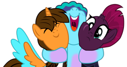 Size: 6969x3707 | Tagged: safe, artist:ejlightning007arts, imported from derpibooru, fizzlepop berrytwist, tempest shadow, oc, oc:ej, alicorn, fox, fox pony, hybrid, pony, unicorn, absurd resolution, base used, broken horn, canon x oc, clothes, coat markings, colored wings, cute, ejbetes, ejmisty, excited, female, frown, g4, g5, g5 to g4, generation leap, group hug, happy, horn, hug, jacket, lesbian, male, mare, mispest, misty brightdawn, mistybetes, ocbetes, open mouth, open smile, scar, shipping, simple background, smiling, socks (coat markings), spread wings, stallion, tempej, tempestejmisty, transparent background, trio, vector, volumetric mouth, wings