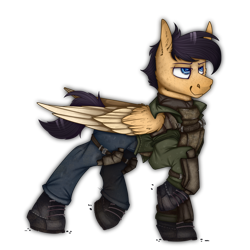 Size: 2300x2300 | Tagged: safe, alternate version, artist:molars, imported from derpibooru, oc, oc only, oc:lockheed venture, pegasus, pony, armor, blue eyes, body armor, boots, clothes, colored wings, commission, denim, digital art, folded wings, jacket, jeans, lidded eyes, looking forward, military uniform, pants, raised hoof, raised leg, shoes, simple background, smug, solo, transparent background, two toned wings, uniform, walking, wings