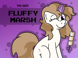 Size: 800x592 | Tagged: safe, artist:soupafterdark, imported from derpibooru, oc, oc:fluffymarsh, pony, unicorn, banned from equestria daily, brown mane, brown tail, female, food, glowing, glowing horn, happy, horn, looking at you, magic, magic aura, mare, marshmallow, one eye closed, purple background, purple eyes, silly, silly pony, simple background, sitting, solo, stick, tail, telekinesis, unicorn oc, wink, winking at you, ya got