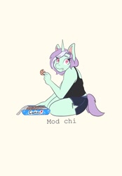 Size: 1423x2048 | Tagged: safe, artist:mscolorsplash, imported from derpibooru, oc, oc only, oc:mod chi, anthro, unicorn, anthro oc, cookie, female, food, horn, simple background, solo, unicorn oc