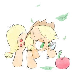 Size: 3000x3000 | Tagged: safe, artist:widelake, imported from derpibooru, applejack, earth pony, worm, apple, food, leaves, magnifying glass, simple background, solo, white background