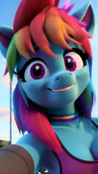 Size: 976x1728 | Tagged: safe, imported from derpibooru, rainbow dash, anthro, 3d, ai content, ai generated, choker, clothes, female, generator:stable diffusion, gloves, long gloves, looking at you, prompter:saphkey, selfie, smiling, solo
