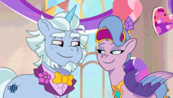 Size: 1280x720 | Tagged: safe, imported from derpibooru, screencap, queen haven, pegasus, pony, unicorn, spoiler:g5, spoiler:my little pony: tell your tale, spoiler:tyts01e51, alphabittle blossomforth, alphahaven, animated, bowtie, clothes, couple, crown, cute, duo, duo male and female, female, freckles, g5, gif, heart, jewelry, lidded eyes, looking at each other, looking at someone, love, male, mare, mare family mare problems, my little pony: tell your tale, necklace, regalia, shipping, sleep mask, smiling, sparkles, stallion, straight, tuxedo, youtube link, zephyr heights