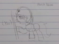 Size: 2286x1693 | Tagged: safe, artist:omelettepony, oc, oc only, oc:peach notes, earth pony, pony, (you), earth pony oc, female, helmet, mare, open mouth, raised hoof, traditional art